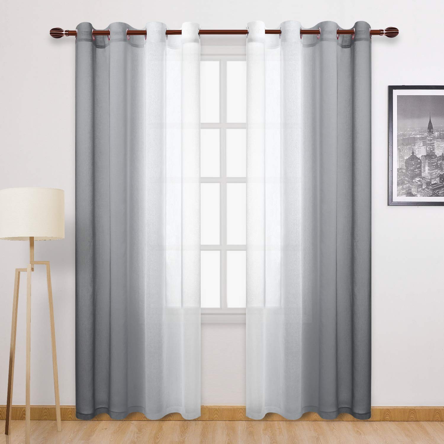 DWCN Ombre Grey Faux Linen Sheer Curtains - Semi Voile Gradient Grommet Top Curtains for Bedroom and Living Room, 52 x 96 Inches Long, Set of 2 Window Curtain Panels