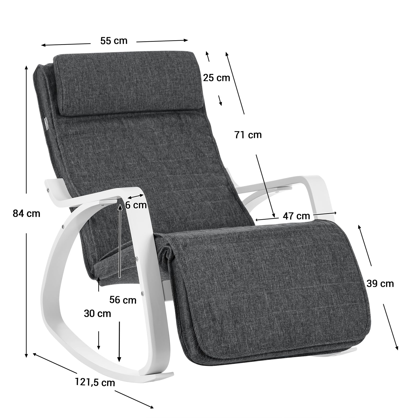 SONGMICS Schaukelstuhl, mit Armlehnen aus Birkenholz, Schaukelsessel, 5-Fach verstellbare Fußstütze, bis 150 kg belastbar, für Schlafzimmer, Wohnzimmer, dunkelgrau-weiß LYY011G01 3