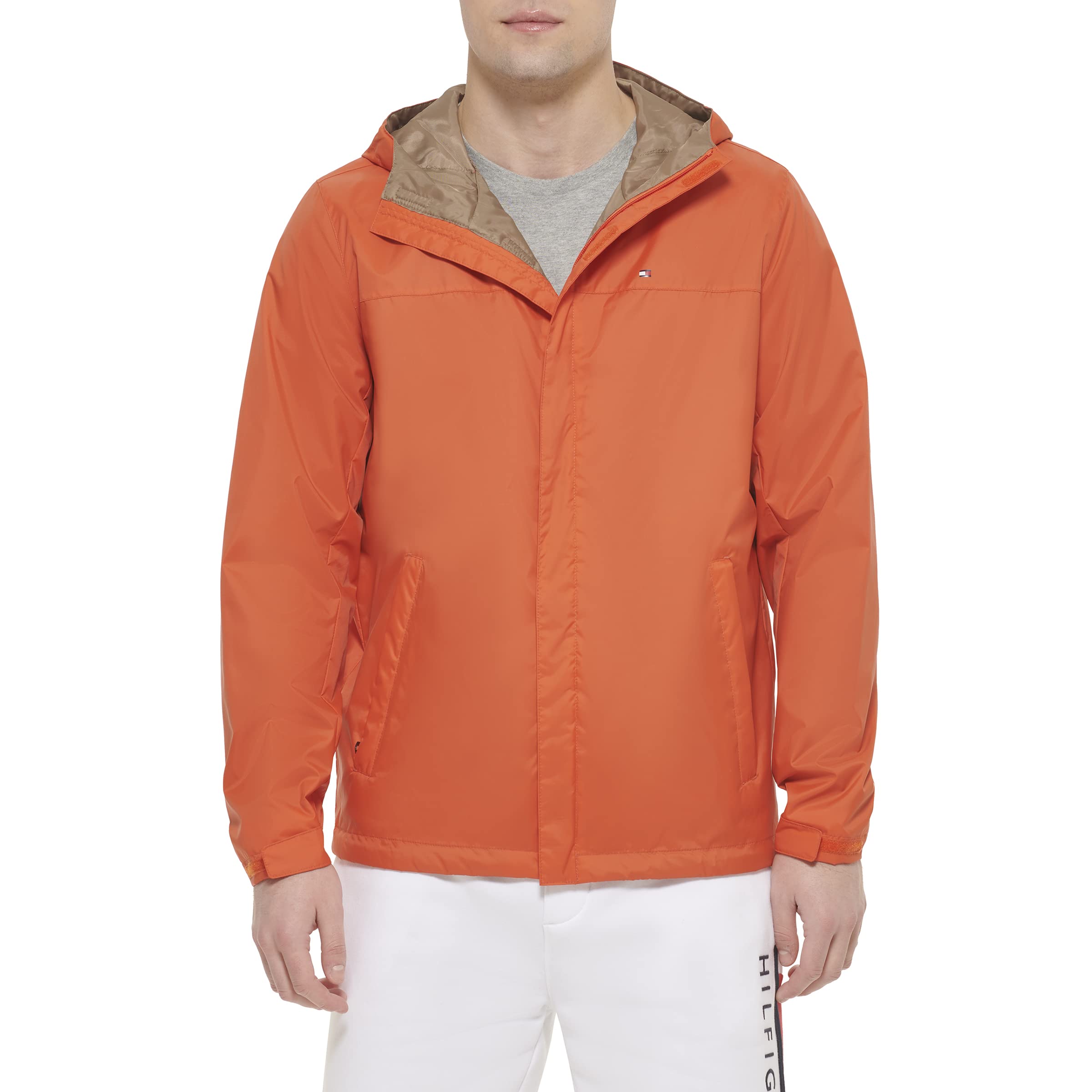 Tommy Hilfiger Men's Lightweight Breathable Waterproof Hooded Jacket, Orange, Medium Image