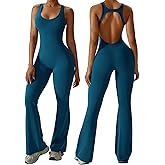 OEAK Womens Flare Jumpsuit with Bra Tummy Control Cutout Romper Workout Outfit Sleeveless Unitard One Piece Backless Bodysuit
