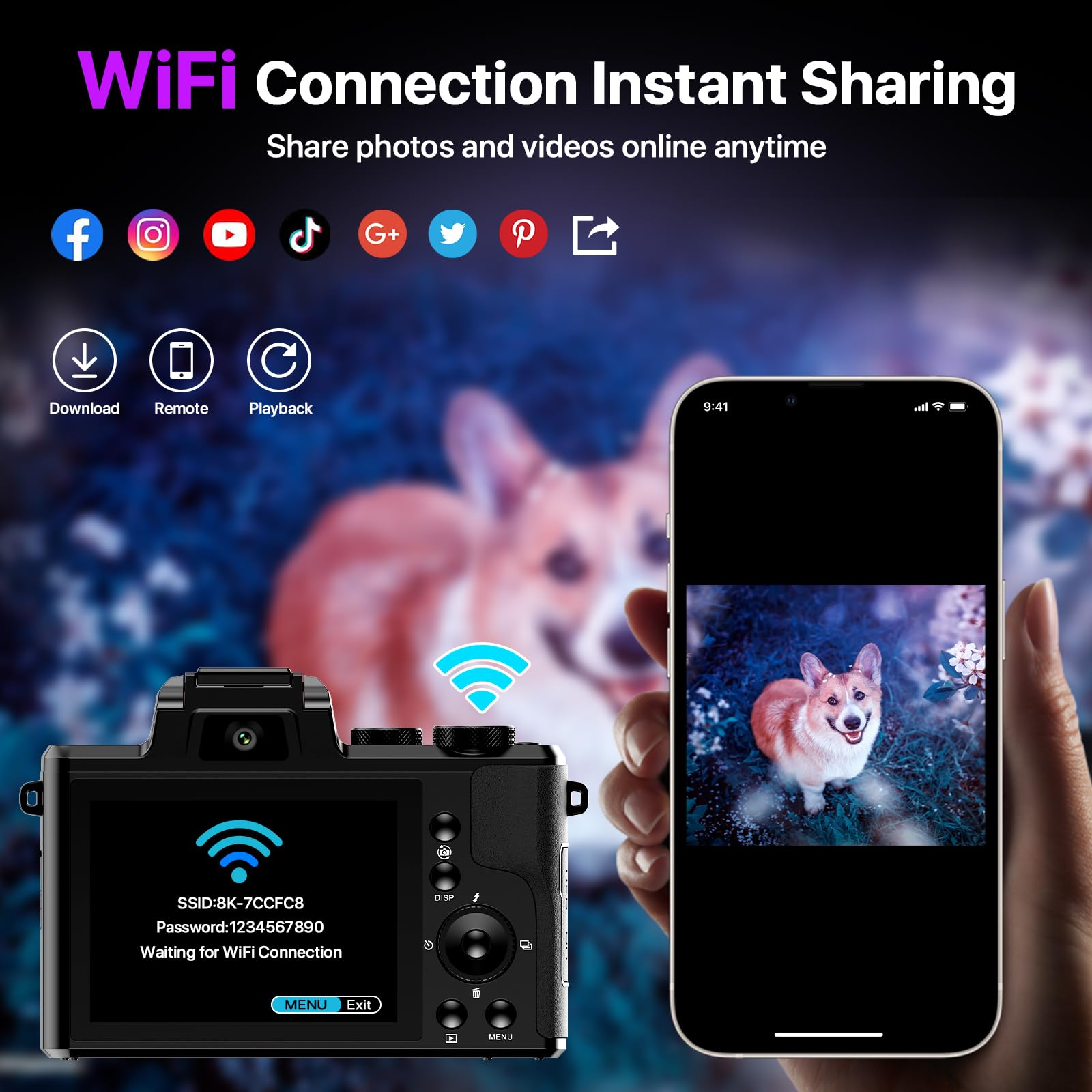 8K Digital Cameras for Photography with WiFi,Autofocus 88MP Vlogging Camera for YouTube with Dual-Lens,16X Digital Zoom Point and Shoot Camera,3.2''Touch Screen, Anti-Shake,2 Batteries &Charging Stand