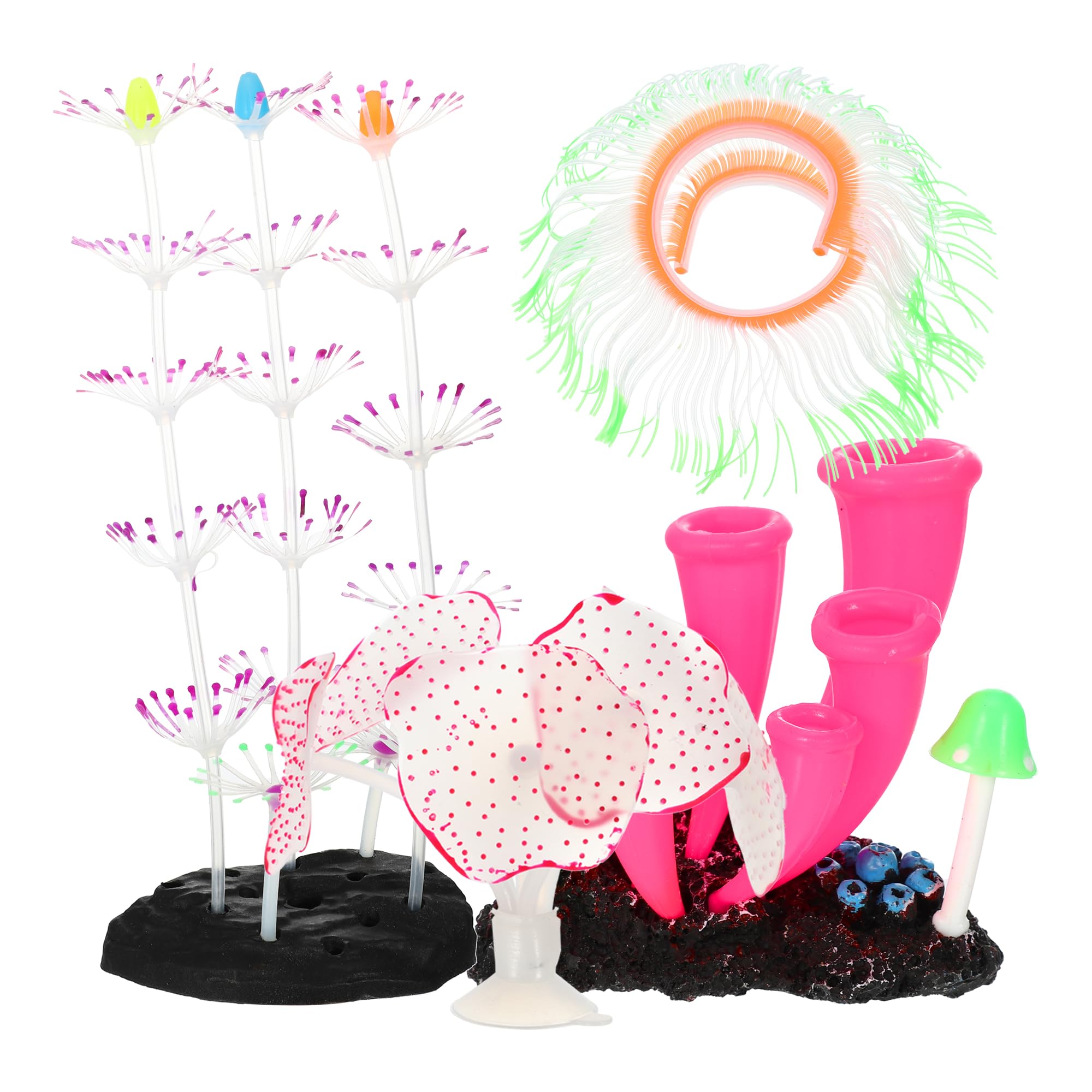CAPASTEC Silicone Glowing Aquarium Decorations, Fluorescence Coral, Glowing Sea Anemone Decor, Glowing Sucker Coral for Aquarium Decor Purple Pink Green 1 Set