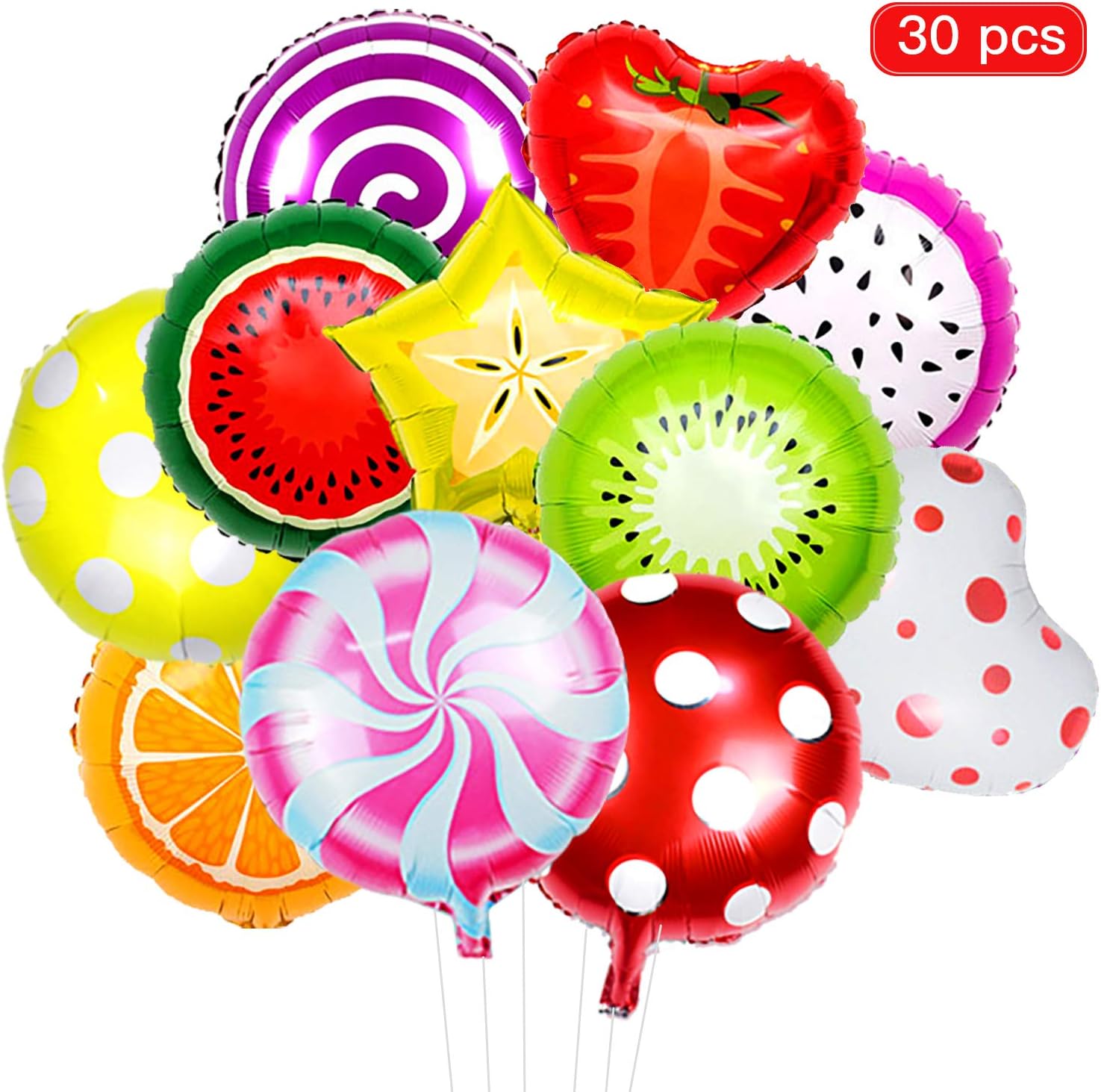 30 Pcs Fruit Lollipop Windmill Mylar Balloons Party Supplies,18 Inch Large Foil Balloons For Birthday Party or Baby Shower Decorations