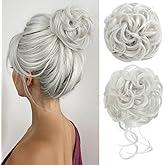 CJL HAIR 2PCS Messy Bun Hair Pieces Wavy Curly Synthetic Updo Chignon Fake Scrunchies Ponytail Extension for Women White