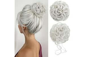 CJL HAIR 2PCS Messy Bun Hair Pieces Wavy Curly Synthetic Updo Chignon Fake Scrunchies Ponytail Extension for Women White