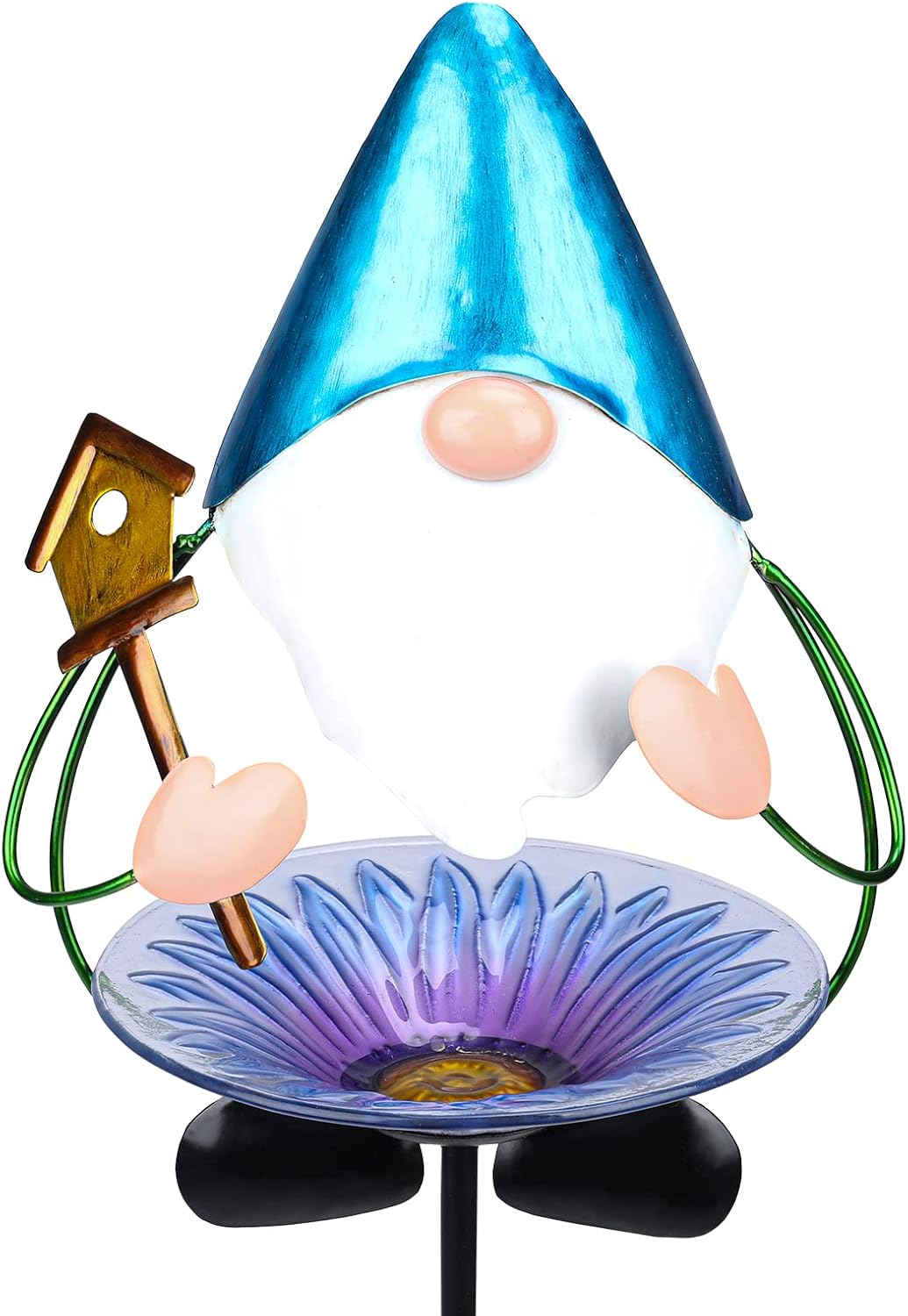 Backyard Birding & Wildlife - MUMTOP Glass Bird Baths for Outdoors, Unique 32 Inch Small Garden Birdbath Bird Feeders Decorative with Metal Gnome for Outside Yard Lawn, Purple