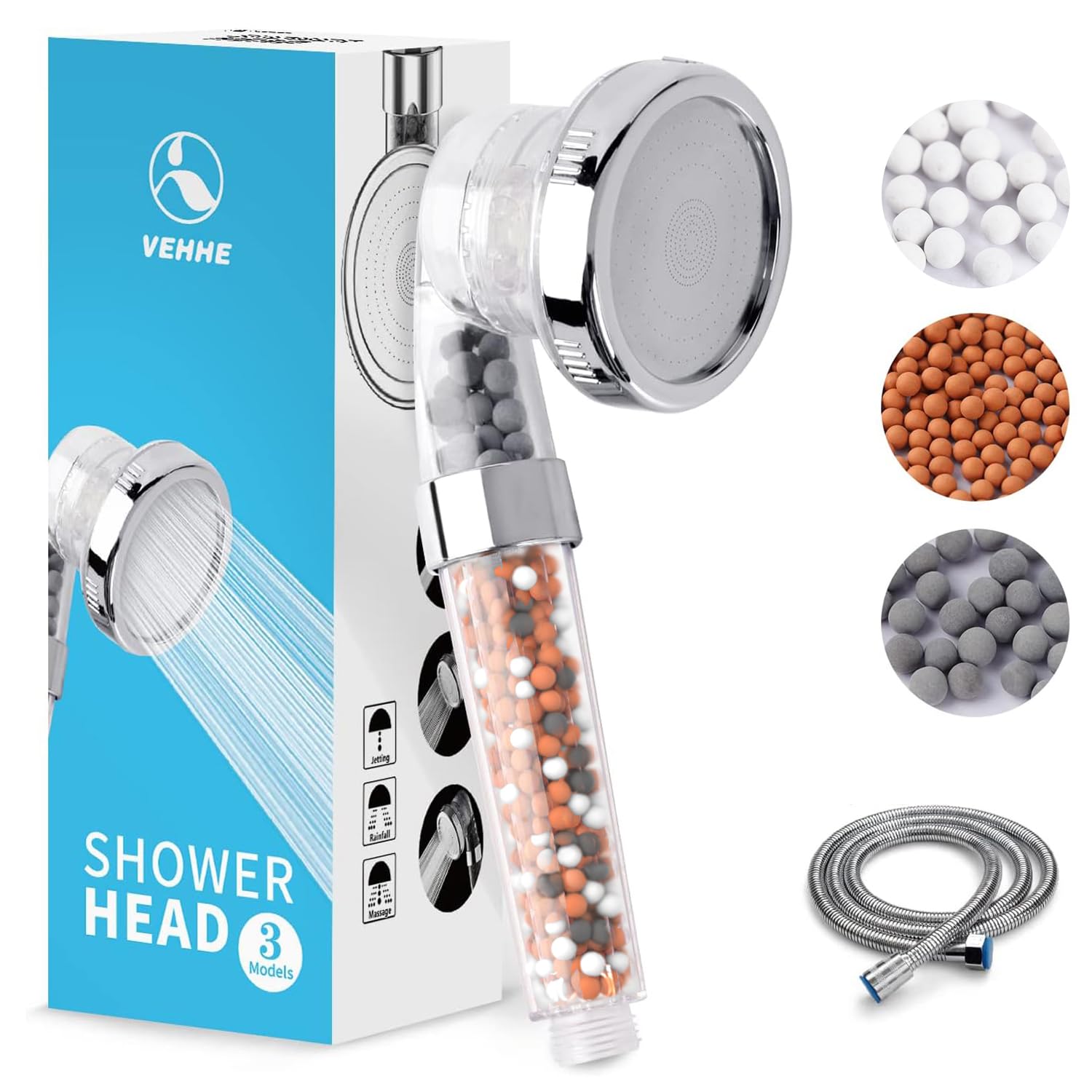 VEHHE Shower Head and Hose 1.5M Set, Upgraded High Pressure Shower Heads with Beads 3 Modes Boosting, Universal Hard Water Softener Shower Head with Extra Replaceable Accessories