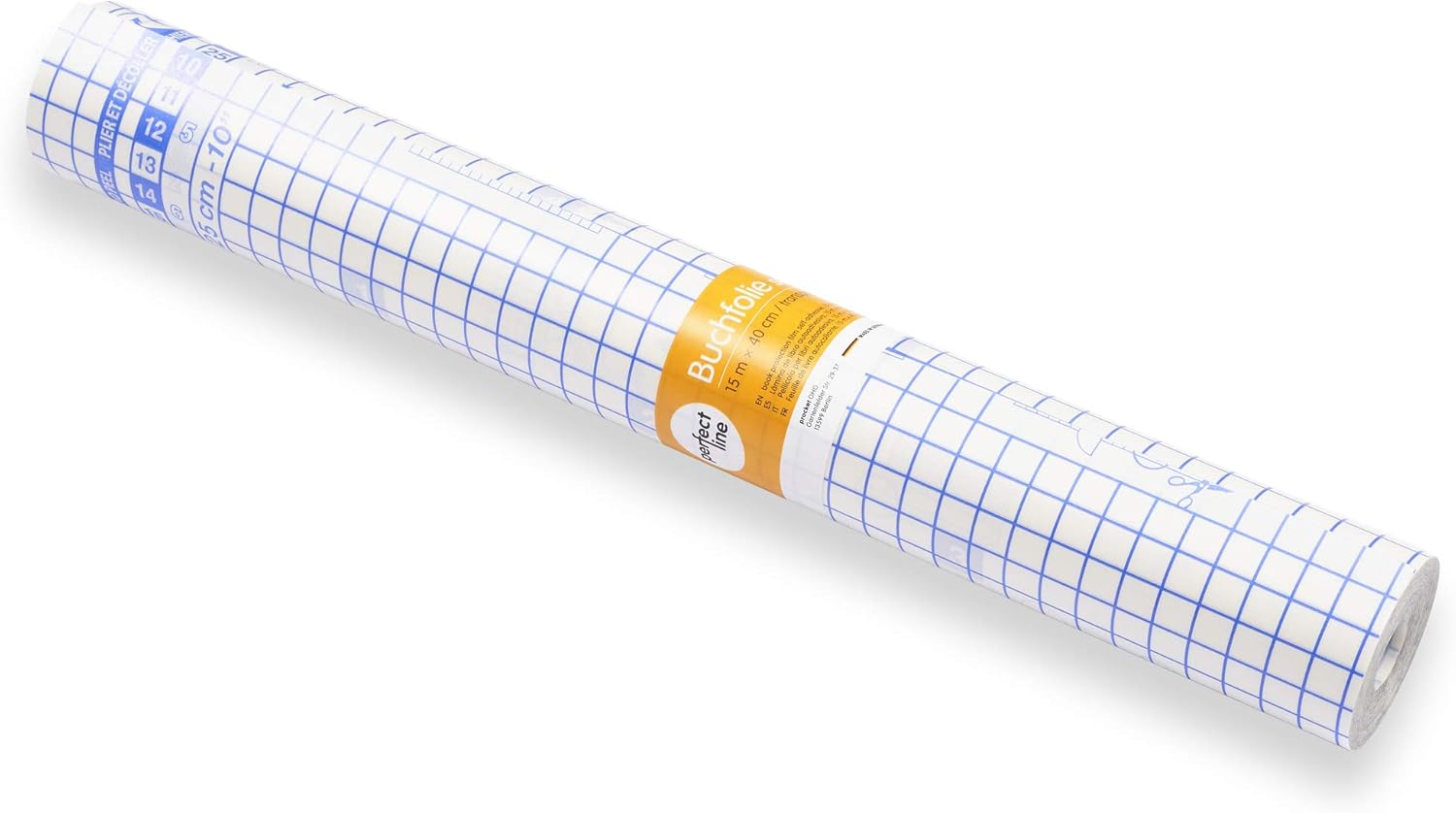 perfect line • 15m x 40cm Book Cover Film, Self Adhesive Book Covering, Clear Sticky Back, Plastic, Lined Backing Paper