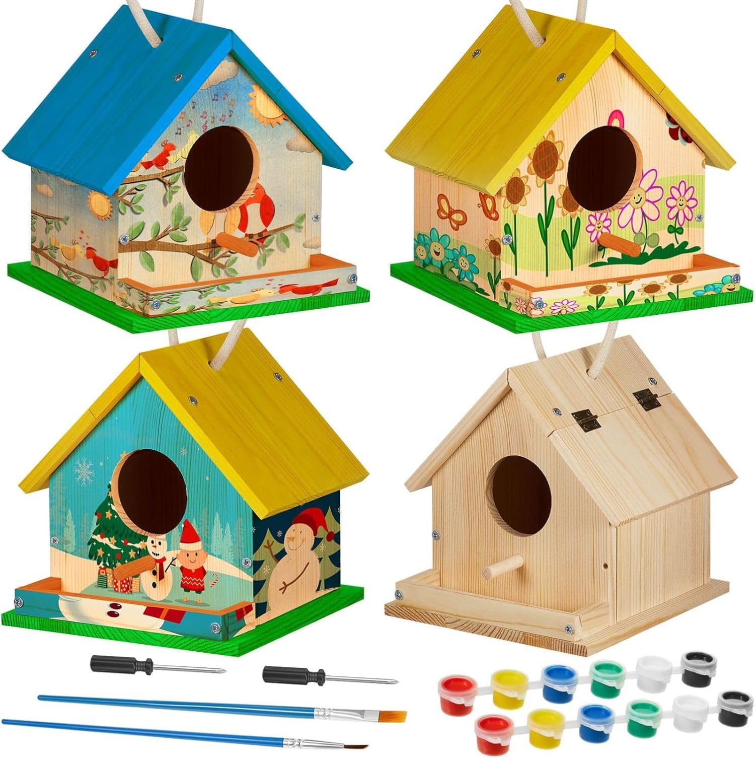 liliful 16 sets wooden diy birdhouse kit, unfinished bird houses with paints and paintbrushes, bird