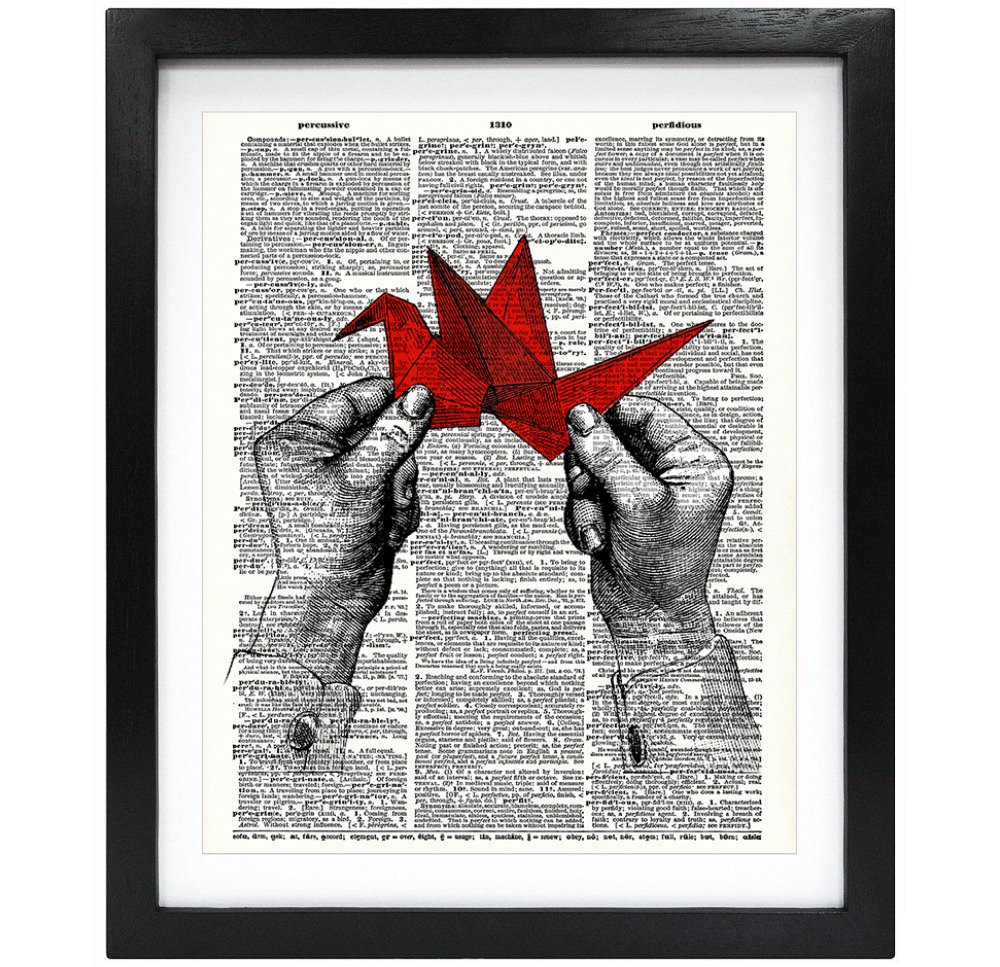 Susie Arts 8x10 Unframed Hands With One Thousand Origami Cranes Upcycled Vintage Dictionary Art Print Book Art Print Funny Art Print V066