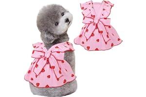 WIZ BBQT Dog Dresses for Girls, 100% Cotton Clothes With Leash Ring & Bow Decor, Cute Strawberry Print Summer Cat Dresses (Pink, X-Small)