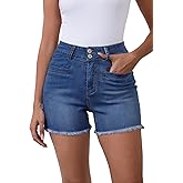 Metietila Women's High Waist Brushed Hem Denim Shorts Stretch Jean Shorts with Pockets for Women