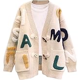 ebossy Women's Cute Alpha Embroidery Cable Knit Cardigans Horn Button Sheep V Neck Slouchy Sweater Coat