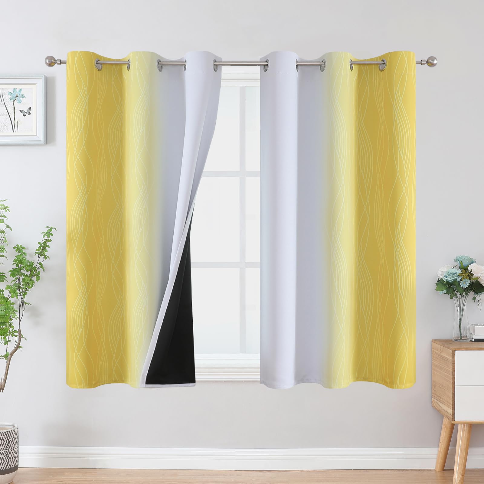VEHEDE Yellow and Greyish White Ombre Blackout Curtains 45 Inch Drop, Eyelet Gradient Thermal Curtains for Kitchen, Light Blocking Wave Printed Drapes for Living Room, W42 x L45 Inch, 2 Panels