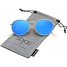 SojoS Small Round Polarized Sunglasses Mirrored Lens Unisex Glasses SJ1014 3447 With Gold Frame/Blue Mirrored Lens