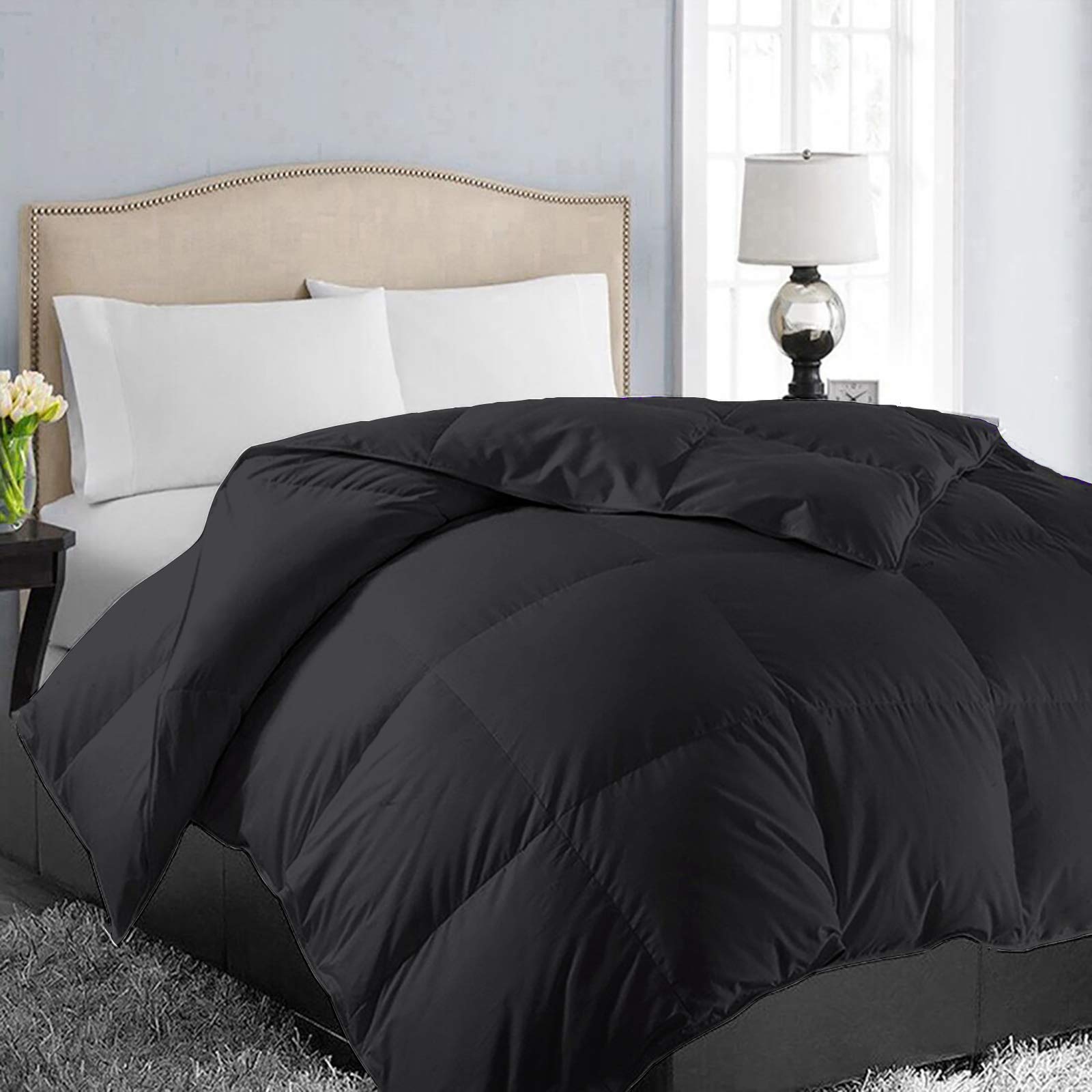 EASELAND Oversized Queen Down Alternative Comforter - Quilted Duvet Insert for All Seasons, Soft Lightweight with Corner Tabs, Summer Winter Warm Bedding, Black 98×98 Inches Image