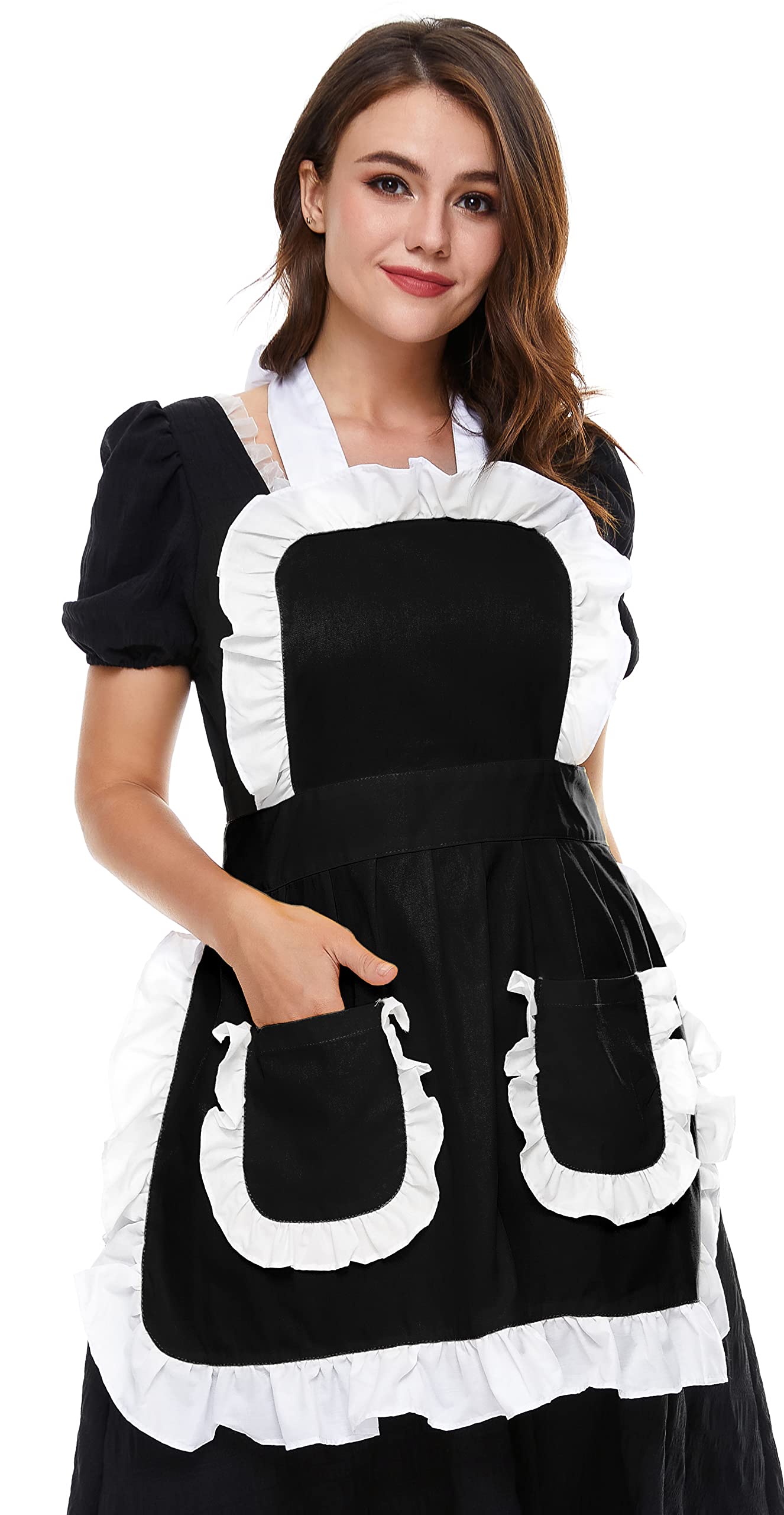 LilMents Women's Ruffles Outline Retro Pockets Apron Kitchen Cooking Cleaning Maid Costume (Black)