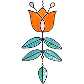 MintyWiz Coral Tulip Stained Glass Suncatcher, Folk Flower Stained Glass Window Hanging Sun Catcher, Retro Funky Home Decor, Handmade Coastal Ornaments, 9.4" x 4.7"