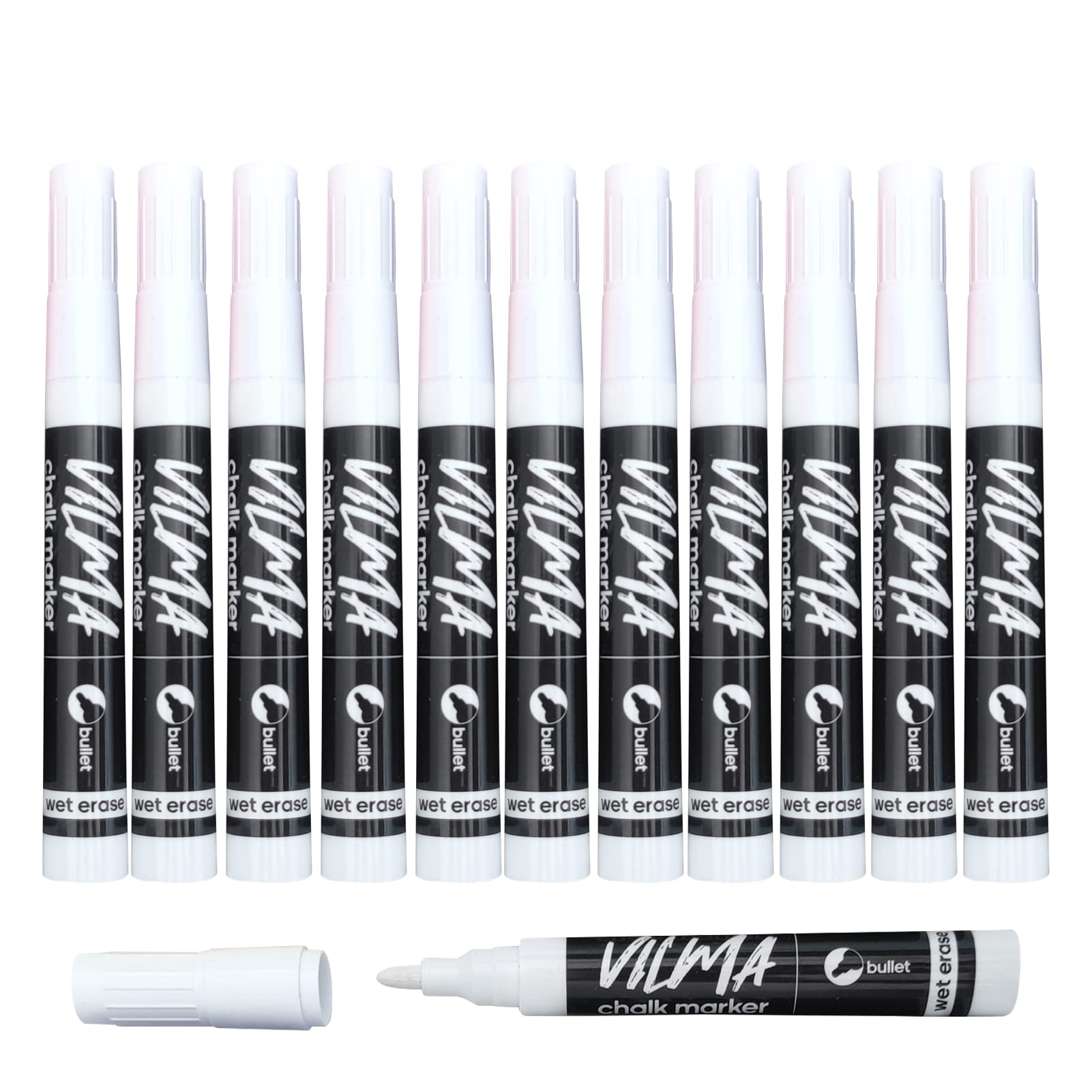 VILMA White Window Pens Liquid Chalk Pens for Glass Pens for Washable Blackboard Markers for Car Window, Mirrors,Signs,Crafts, 2MM Tip 12 Pack,White