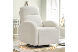 AEMEIOS Swivel Recliner Rocker Nursery, Chenille Nursering Glider Recliner, Manual Swivel Rocking Reclining with Double Pockets for Living Room, Cream White