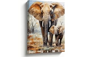 8x10 Inches Elephant & Baby Canvas Wall Art, Watercolor Oil Painting, Rustic Safari Decor for Nursery Living Room