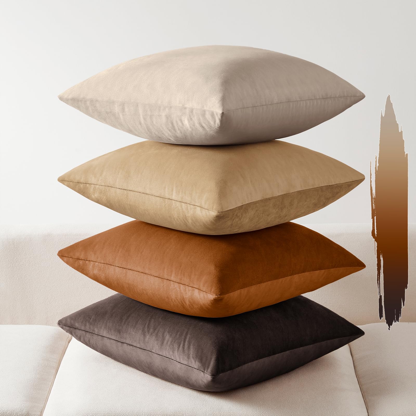 Photo 1 of *COVERS ONLY* Softalker Throw Pillow Covers Set of 4, Velvet Soft Solid Colors Pillow Covers 18x18 Inch, Decorative Cushion Pillow Case for Couch Sofa Bedroom Living Room(Beige/Brown)