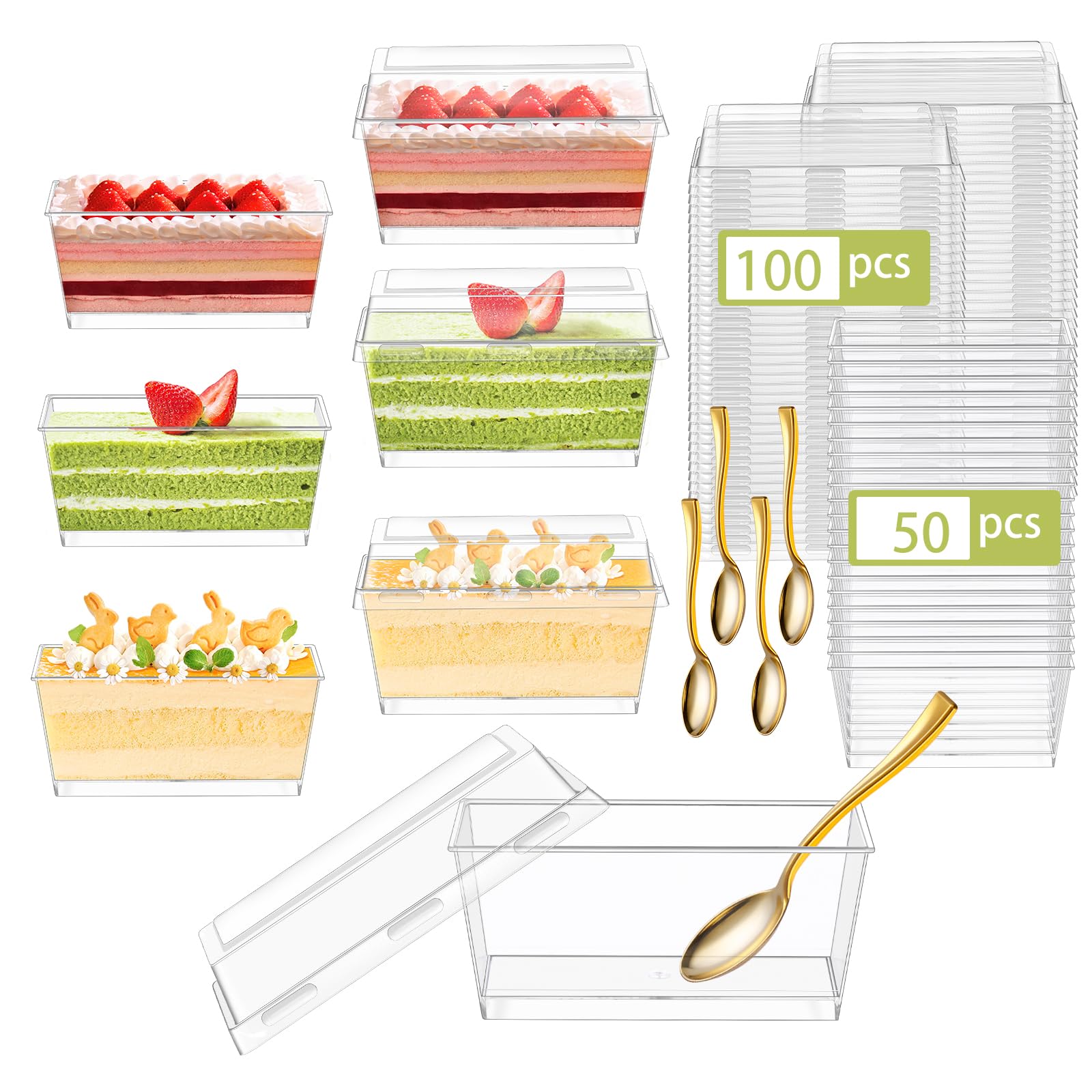 Photo 1 of **PARTIAL SET** DI QIU REN 50 Pcs Dessert Cups with Mini Gold Spoons and Double Lids, 5oz Clear Parfait Cup Plastic Rectangle Fruit Cups for Party, Mini Serving Bowls for Desserts Appetizers Puddings Mousse