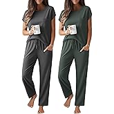 Ekouaer 2 Packs Pajamas for Women Set Cap Sleeve Top and Pants Soft Sleepwear Comfy Pjs Set with Pockets Lounge Set