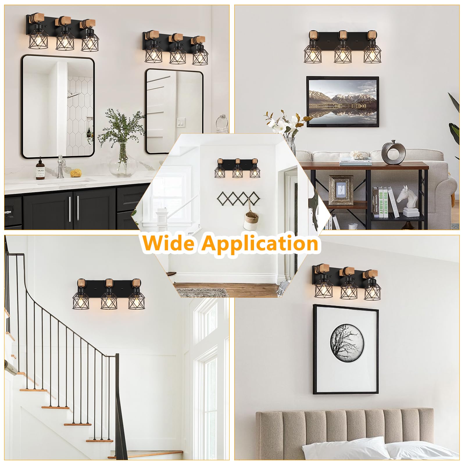 FadimiKoo 3-Light Farmhouse Vanity Light for Bathroom, Wood Bathroom Light Fixtures Over Mirror, Industrial Black Vanity Light with Metal Lampshade for Bedroom Hallway Living Room