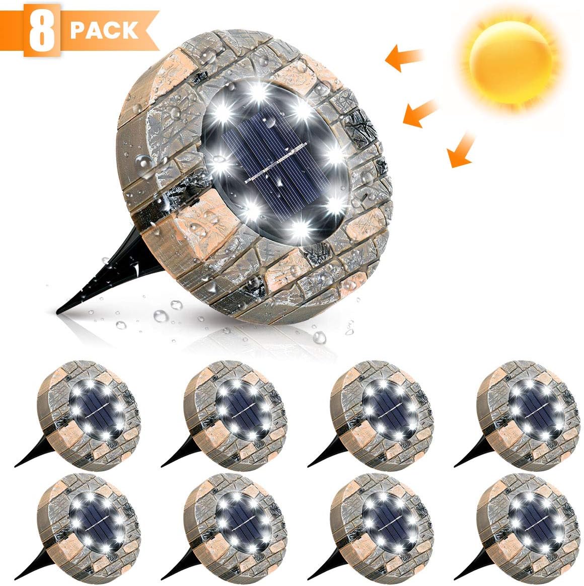 Solar Ground Lights, GLIME 8 LED Disk Solar Lights Solar Ground