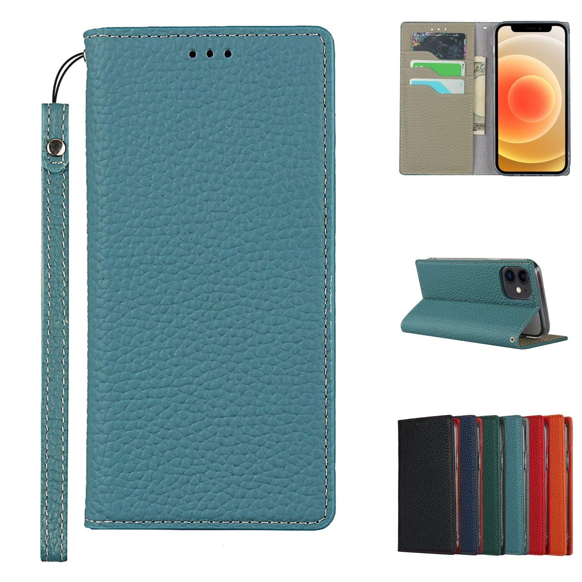 Copmob Case Compatible for iPhone 12 Mini With Card Holder With Strap,Genuine Leather Flip Wallet Case,[3 Slots][Magnetic Closure][RFID-Blocking],Phone Case Cover for iPhone 12 Mini - Sky Blue