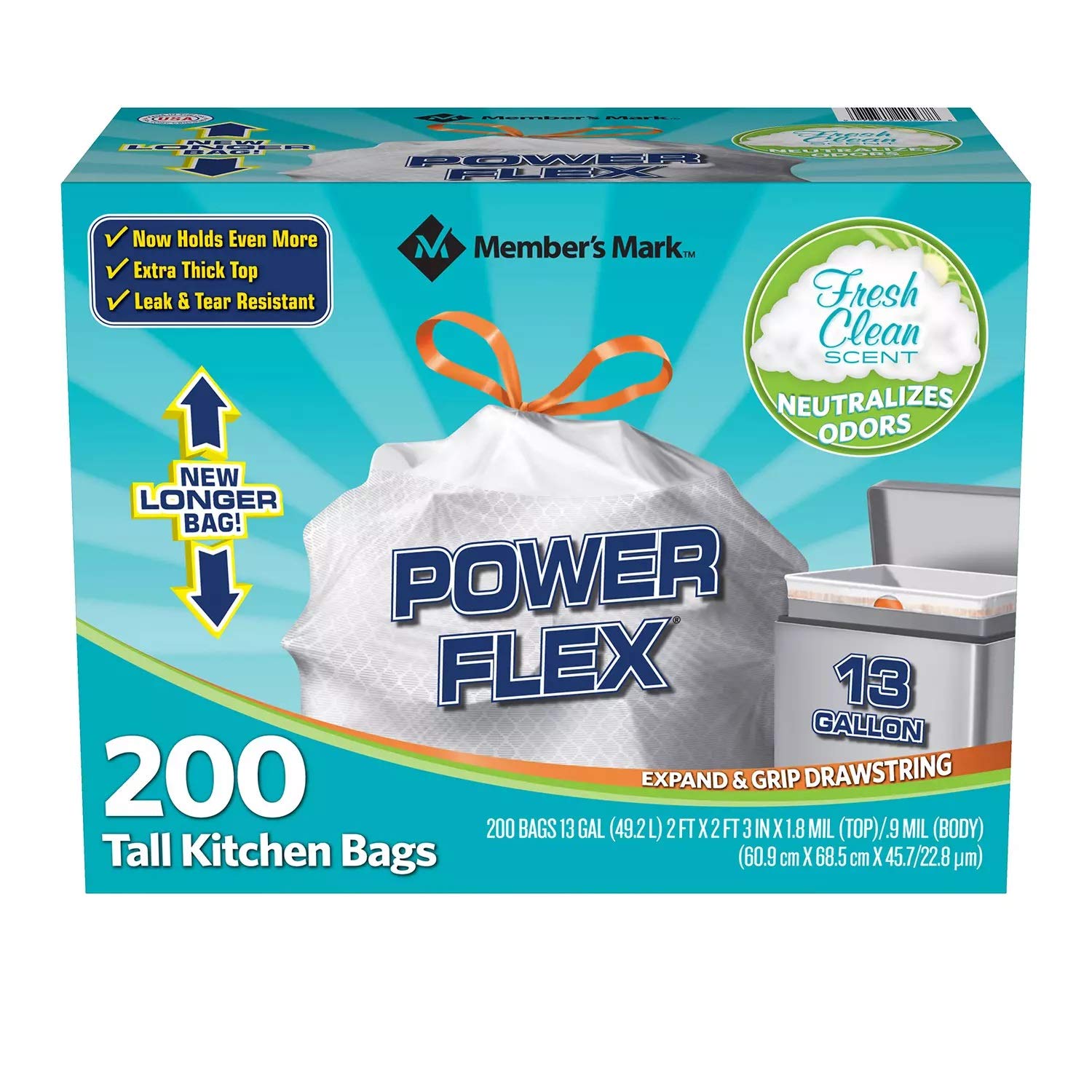 Members Mark 13 Gal Power Flex, Leak Protection, Tall Kitchen Simple Fit Drawstring Bags (1 Pack, Fresh Clean Scent), 1count