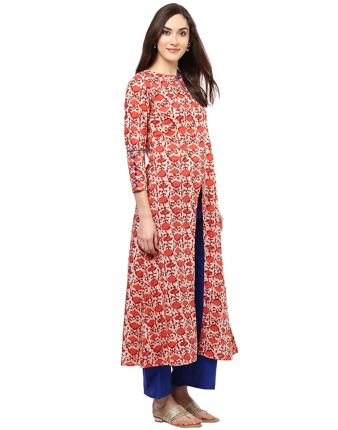 jaipur kurti coral block print kurta with blue palazzo set