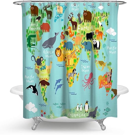 Amazon Com Huakz Kids Like Animals World Map Shower Curtain