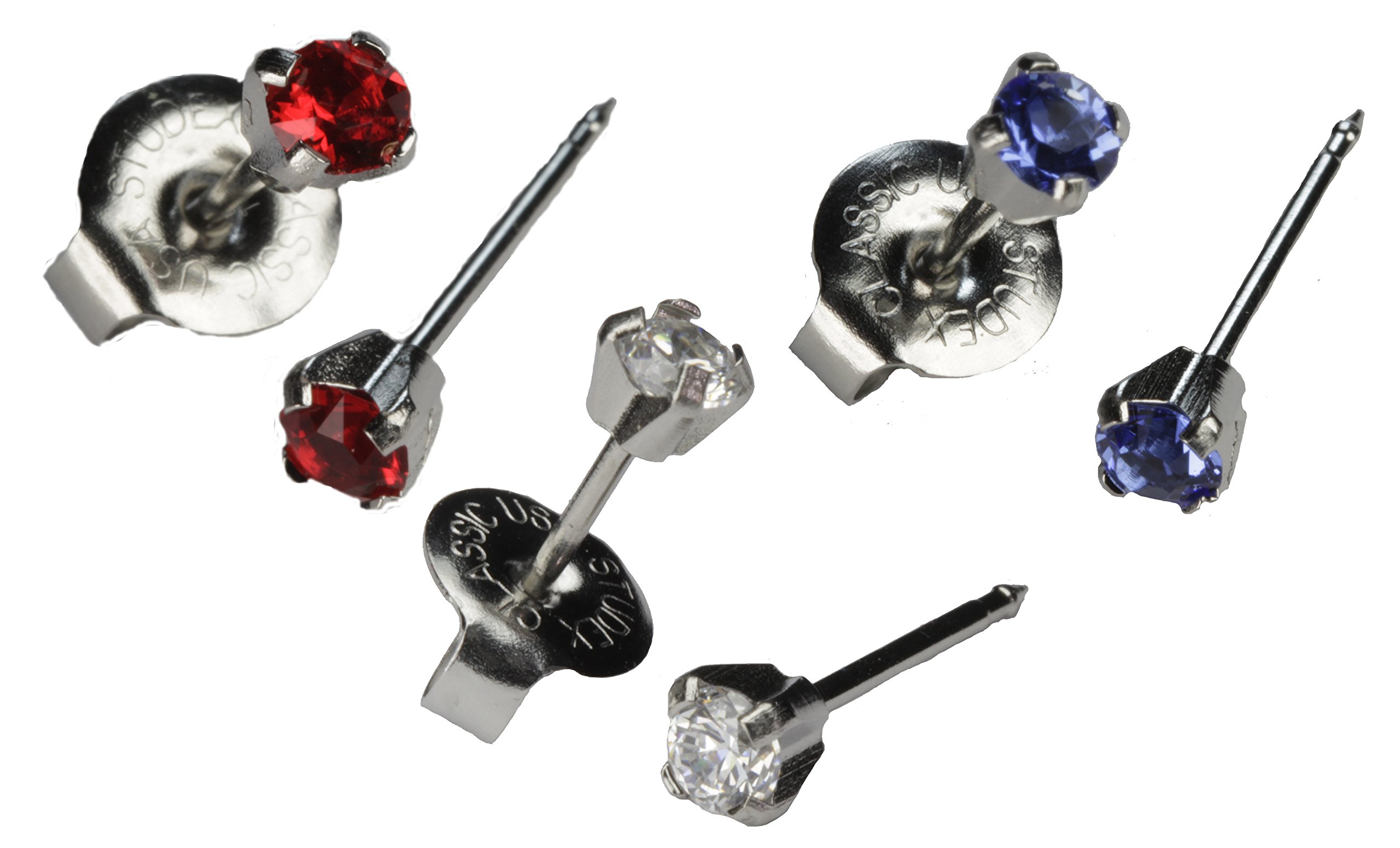 Ear Piercing Earrings USA Red Clear Blue Silver Mini 3mm Birthstone Hypoallergenic Studex System 75