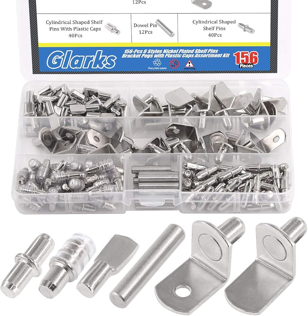 GLARKS 156Pcs Shelf Pins Kit 6 Styles 5mm Dowel 6mm Brackets Nickel