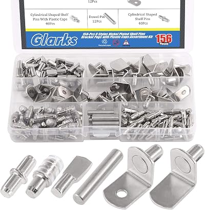 GLARKS 156Pcs Shelf Pins Kit 6 Styles 5mm Dowel 6mm Brackets Nickel
