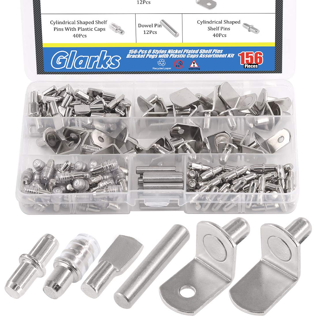 Glarks 156Pcs 6 Styles Shelf Pins Kit, Nickel Shelf Support Pegs, PVC Shelf Pins, Flat Spoon Pegs, Cylindrical Pins Holder, L-shaped Bracket and Dowel Pins for Cabinets — image 1