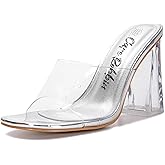 Cape Robbin Clear Slip On Block Heels for Women - Square Toe Chunky Dress Shoes for Women - Transparent Heeled Mule Sandals with 3.75 Inch Heel (Lynnett)