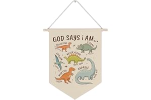 WUCHJ Christian Dinosaur Nursery Canvas Wall Banners, God Says I Am Bible Verse Dinosaur Hanging Display Pennant Flags, Inspirational Wall Decor for Kids Boys Nursery Room Bedroom Playroom 11x14 Inch
