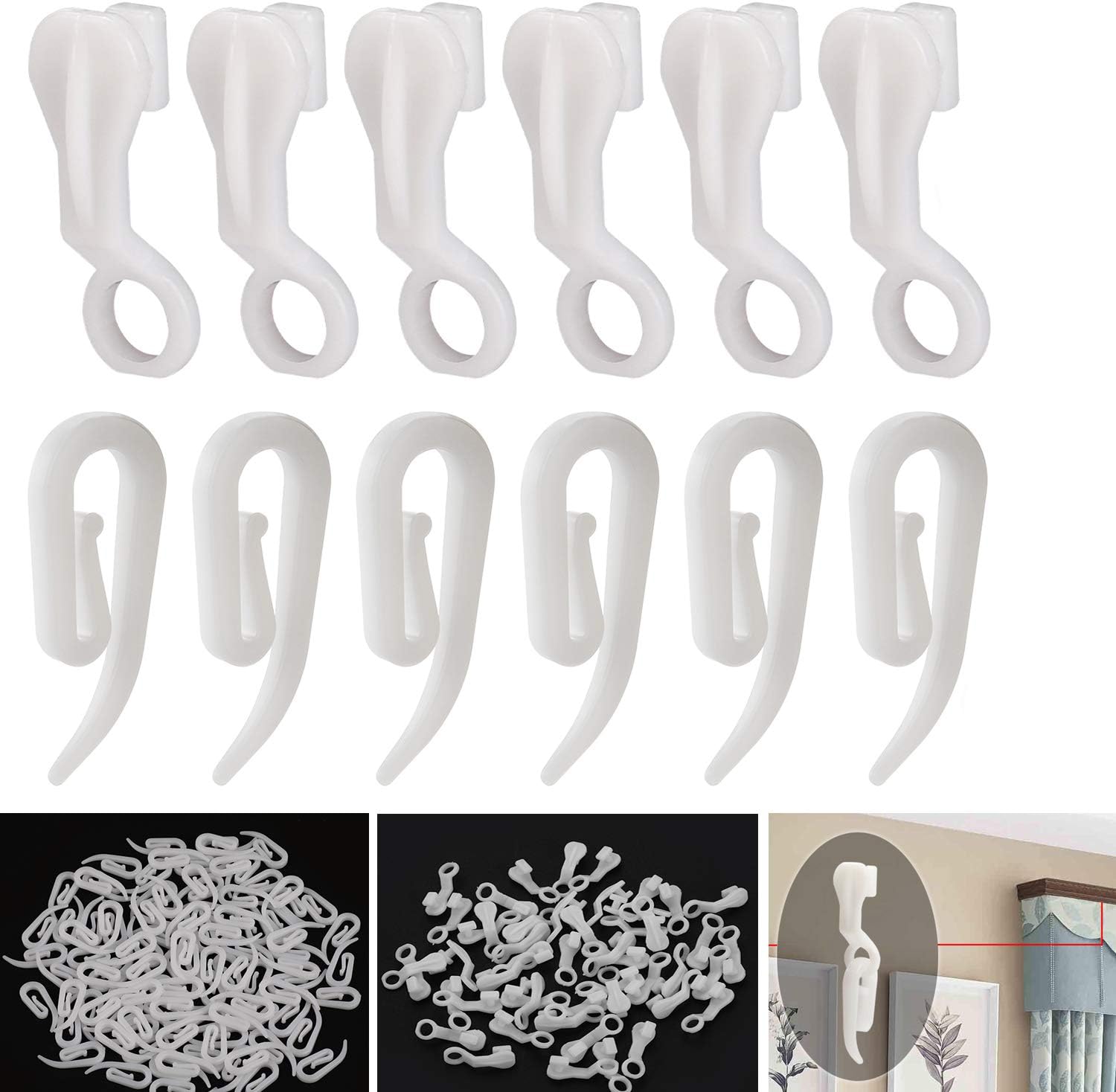 AKWOX 100 Packs White Plastic Curtain Hooks with 50 Packs Curtain