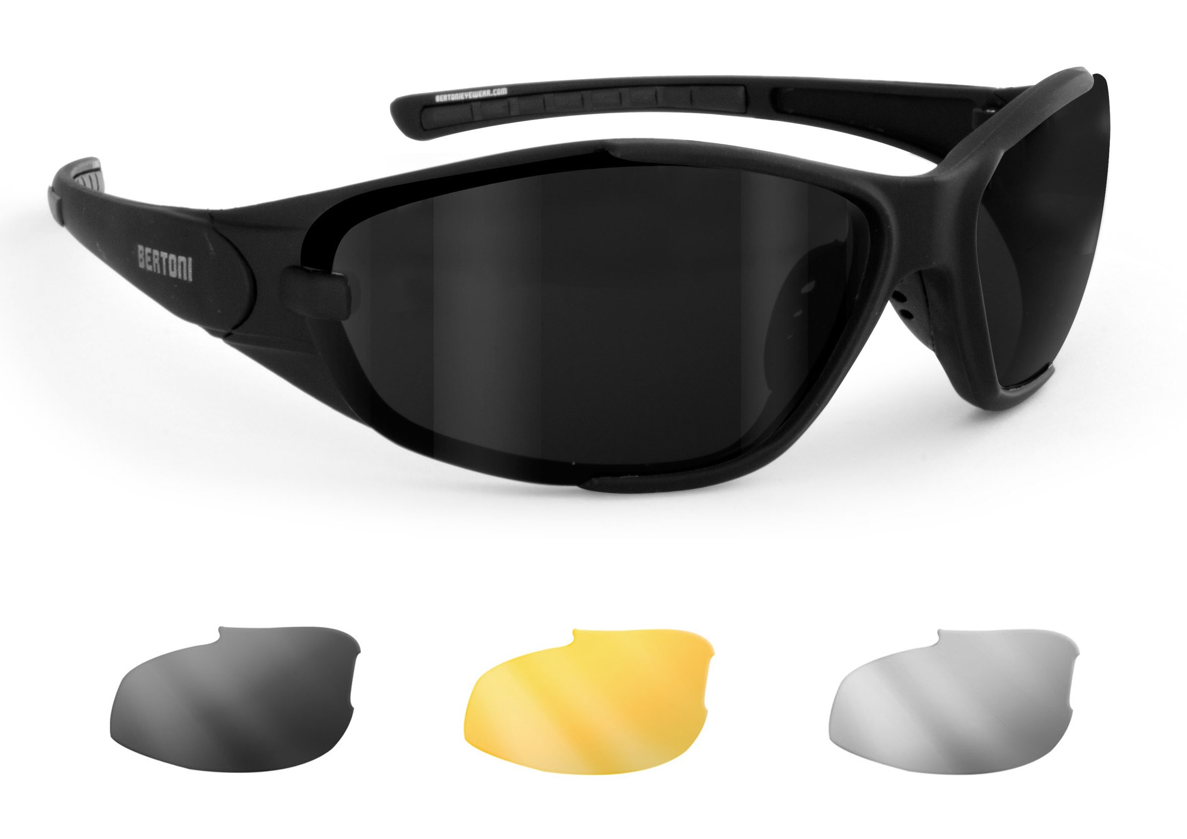 Bertoni Motorcycle Bikers Glasses Windproof 3 Interchangeable Antifog Lenses Included mod AF109A Mat Black by Bertoni Italy Motorbike Riding Sunglasses