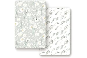GRSSDER Stretchy Ultra Soft Jersey Knit Fitted Pack n Play Sheets Set 2 Pack, Universal Fitted Portable Pack and Play/Mini Cribs Sheets for Girls, Stylish Watercolor Daisy Flower