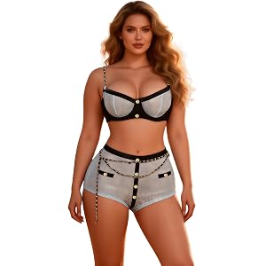 comeondear Sexy Lingerie Set for Women See Through Mesh Pajamas Outfits | Bra with Underwire, Boyshorts with Chain, 3 Piece,