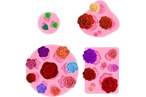 ANSEE 4Pcs Rose Silicone Candy Mold, Mini Flower Fondant Chocolate Silicone Molds for Baking Leaf Mold for Cake Decorating Clay Crafting Candy Soap Ice Cube Wax Melt