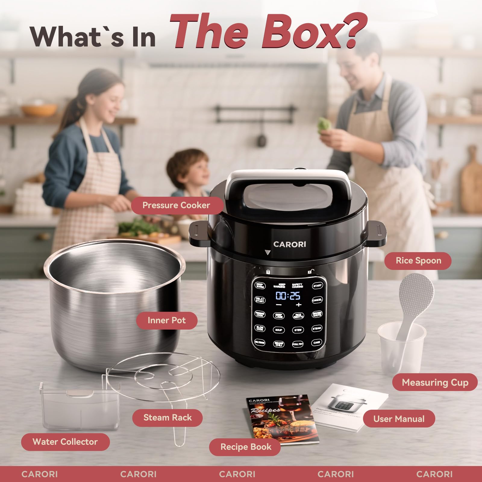 CARORI 9-in-1 Electric Pressure Cooker 6 Qt, Stainless Steel Inner Pot, Programmable 12 Multi-Function Cooker with Safe Vent Design, Rice Cook, Slow Cook, Sauté, Warmer & Sterilizer, Black