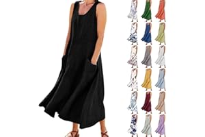 HTHLVMD Linen Dress for Summer Linen Dress Sleeveless Cool Solid Color Casual Loose Long Dress with Pockets