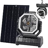 GBEOSMO 20000mAh Solar Camping Fan with 10W Solar Panel, Rechargeable Solar Powered Bank for Outside, LED Lantern, Quiet Battery Operated Tent for Picnic, Barbecue, Fishing, Travel (Black)