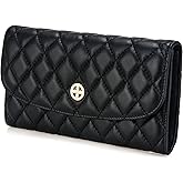 PEONY SUPREME Luxury Quilted Leather Wallet Flap Long Wallet Credit Card Holder Coin Purse Business Card Holder Lady Clutch Gift for Women Girl Black
