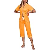 COLORFULLEAF 100% Cotton Women's Pajama Sets Short Sleeve Capri Pajamas for Women Set Button Down Pjs Soft Sleepwear Summer